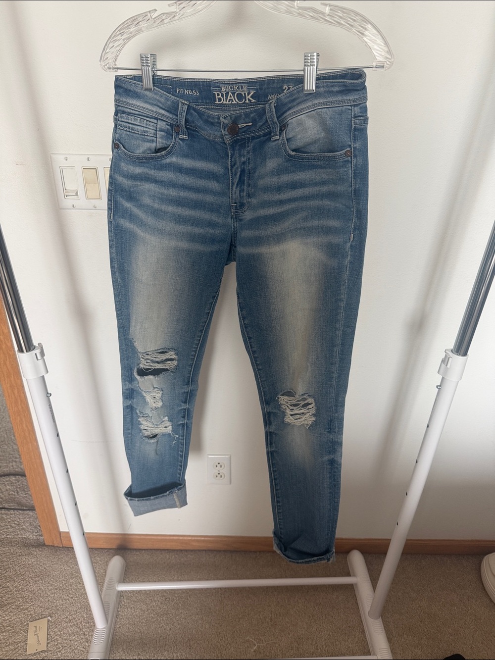 Black Distressed Ankle Crop Jeans in Faded Blue